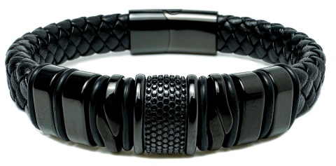 Czarna bransoletka rzemykowa ze skóry ekologicznej i zdobieniami ze stali nierdzewnej