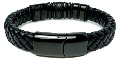 Czarna bransoletka rzemykowa ze skóry ekologicznej i zdobieniami ze stali nierdzewnej