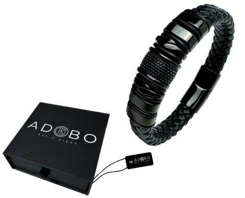 Czarna bransoletka rzemykowa ze skóry ekologicznej i zdobieniami ze stali nierdzewnej