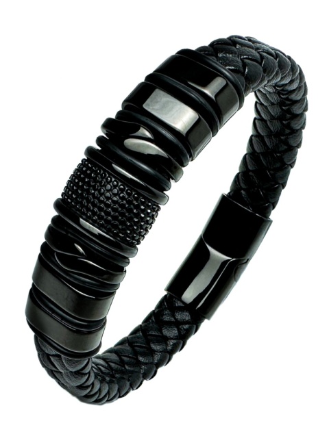 Czarna bransoletka rzemykowa ze skóry ekologicznej i zdobieniami ze stali nierdzewnej