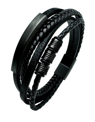 Czarna bransoletka rzemykowa ze skóry ekologicznej i stali nierdzewnej, z ozdobną czarną blaszką i koralikami