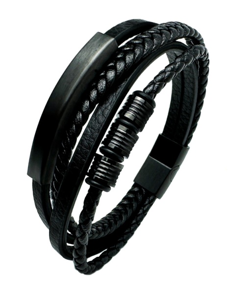 Czarna bransoletka rzemykowa ze skóry ekologicznej i stali nierdzewnej, z ozdobną czarną blaszką i koralikami