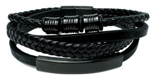 Czarna bransoletka rzemykowa ze skóry ekologicznej i stali nierdzewnej, z ozdobną czarną blaszką i koralikami