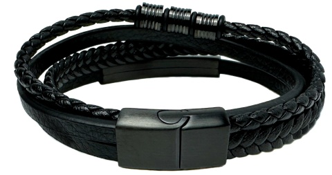 Czarna bransoletka rzemykowa ze skóry ekologicznej i stali nierdzewnej, z ozdobną czarną blaszką i koralikami