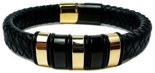 Czarna bransoletka rzemykowa ze skóry ekologicznej i zdobieniami ze stali nierdzewnej