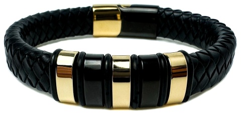 Czarna bransoletka rzemykowa ze skóry ekologicznej i zdobieniami ze stali nierdzewnej