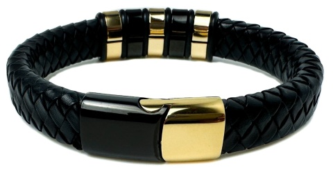 Czarna bransoletka rzemykowa ze skóry ekologicznej i zdobieniami ze stali nierdzewnej