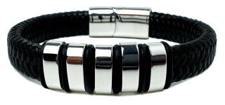 Czarna bransoletka rzemykowa ze skóry ekologicznej i zdobieniami ze stali nierdzewnej