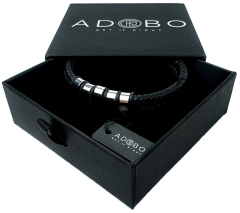 Czarna bransoletka rzemykowa ze skóry ekologicznej i zdobieniami ze stali nierdzewnej