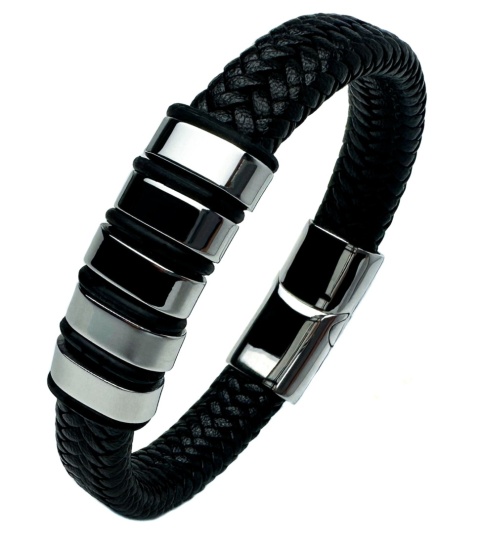 Czarna bransoletka rzemykowa ze skóry ekologicznej i zdobieniami ze stali nierdzewnej