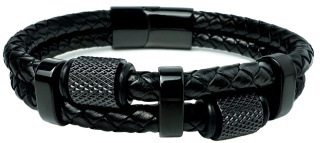 Czarna bransoletka rzemykowa ze skóry ekologicznej i stali nierdzewnej, z ozdobnymi koralikami