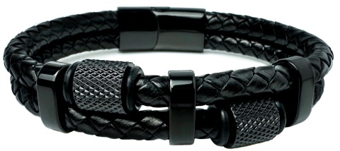 Czarna bransoletka rzemykowa ze skóry ekologicznej i stali nierdzewnej, z ozdobnymi koralikami