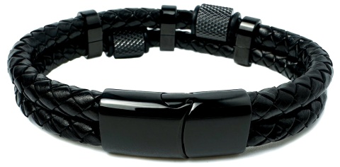 Czarna bransoletka rzemykowa ze skóry ekologicznej i stali nierdzewnej, z ozdobnymi koralikami