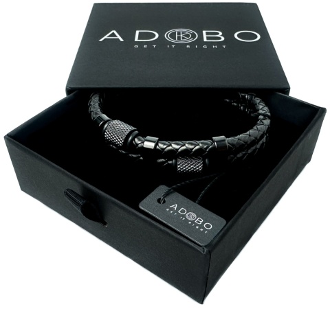 Czarna bransoletka rzemykowa ze skóry ekologicznej i stali nierdzewnej, z ozdobnymi koralikami