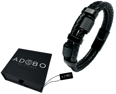 Czarna bransoletka rzemykowa ze skóry ekologicznej i stali nierdzewnej, z ozdobnymi koralikami