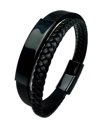 Czarna bransoletka rzemykowa ze skóry ekologicznej i zdobieniami ze stali nierdzewnej