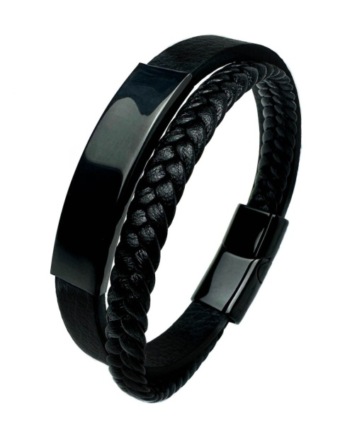 Czarna bransoletka rzemykowa ze skóry ekologicznej i zdobieniami ze stali nierdzewnej