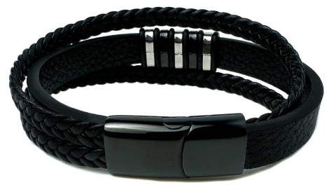 Czarna bransoletka rzemykowa ze skóry ekologicznej i zdobieniami ze stali nierdzewnej