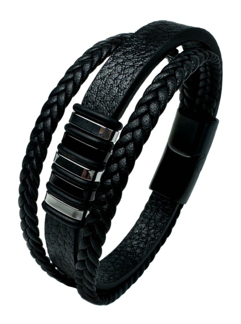 Czarna bransoletka rzemykowa ze skóry ekologicznej i zdobieniami ze stali nierdzewnej
