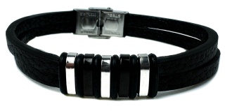Czarna bransoletka rzemykowa ze skóry ekologicznej i zdobieniami ze stali nierdzewnej