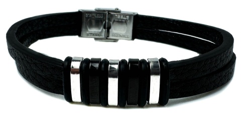 Czarna bransoletka rzemykowa ze skóry ekologicznej i zdobieniami ze stali nierdzewnej