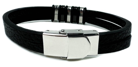 Czarna bransoletka rzemykowa ze skóry ekologicznej i zdobieniami ze stali nierdzewnej