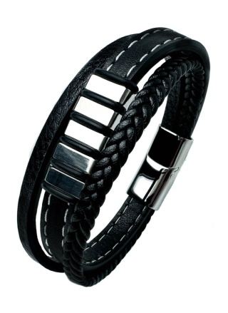 Czarna bransoletka rzemykowa ze skóry ekologicznej i zdobieniami ze stali nierdzewnej, z białym szwem
