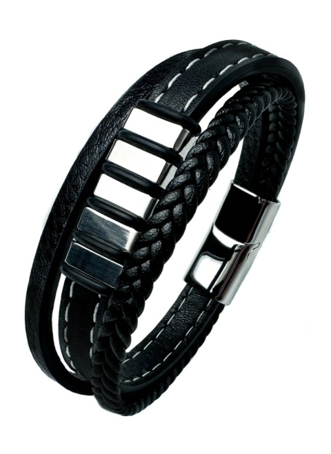 Czarna bransoletka rzemykowa ze skóry ekologicznej i zdobieniami ze stali nierdzewnej, z białym szwem