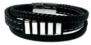 Czarna bransoletka rzemykowa ze skóry ekologicznej i zdobieniami ze stali nierdzewnej, z białym szwem