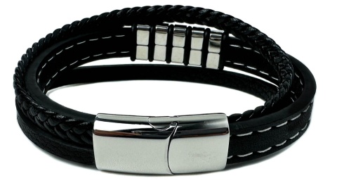 Czarna bransoletka rzemykowa ze skóry ekologicznej i zdobieniami ze stali nierdzewnej, z białym szwem