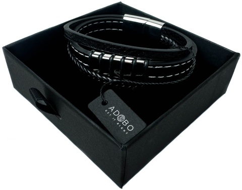 Czarna bransoletka rzemykowa ze skóry ekologicznej i zdobieniami ze stali nierdzewnej, z białym szwem