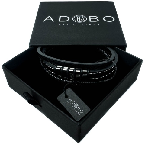 Czarna bransoletka rzemykowa ze skóry ekologicznej i zdobieniami ze stali nierdzewnej, z białym szwem