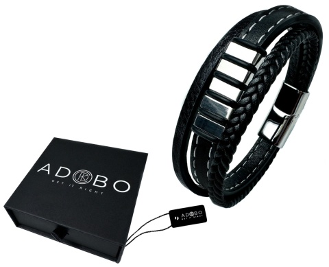 Czarna bransoletka rzemykowa ze skóry ekologicznej i zdobieniami ze stali nierdzewnej, z białym szwem