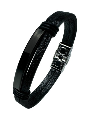 Czarna bransoletka rzemykowa ze skóry ekologicznej i zdobieniami ze stali nierdzewnej