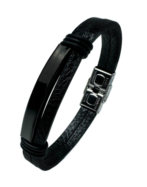 Czarna bransoletka rzemykowa ze skóry ekologicznej i zdobieniami ze stali nierdzewnej