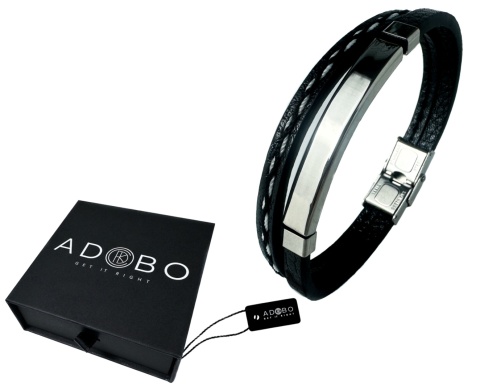 Czarna bransoletka rzemykowa ze skóry ekologicznej i zdobieniami ze stali nierdzewnej