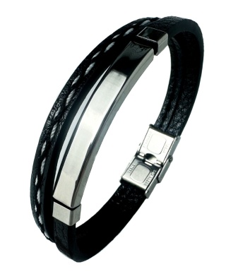 Czarna bransoletka rzemykowa ze skóry ekologicznej i zdobieniami ze stali nierdzewnej