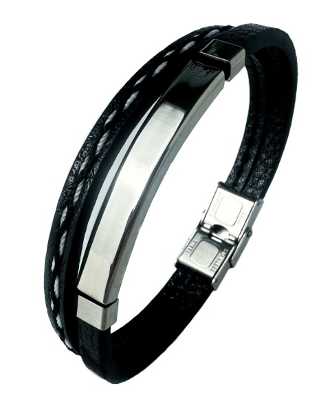Czarna bransoletka rzemykowa ze skóry ekologicznej i zdobieniami ze stali nierdzewnej