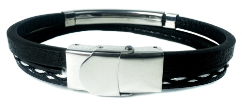 Czarna bransoletka rzemykowa ze skóry ekologicznej i zdobieniami ze stali nierdzewnej