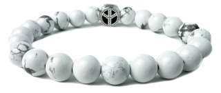 Biała bransoletka kulkowa ze splotem z howlitu i znakiem pacyfy
