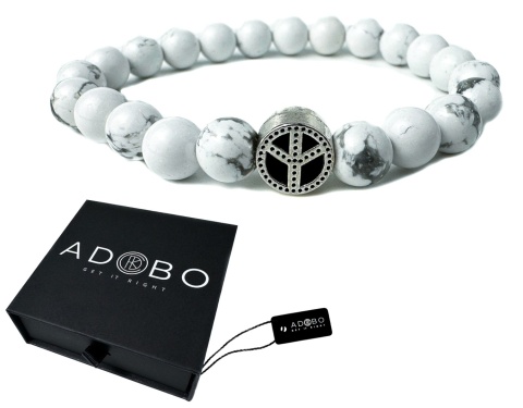 Biała bransoletka kulkowa ze splotem z howlitu i znakiem pacyfy