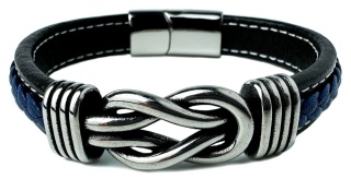 Niebieska bransoletka rzemykowa ze skóry ekologicznej i stali nierdzewnej, z ozdobnym stalowym węzłem