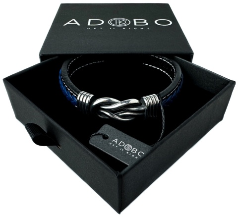 Niebieska bransoletka rzemykowa ze skóry ekologicznej i stali nierdzewnej, z ozdobnym stalowym węzłem