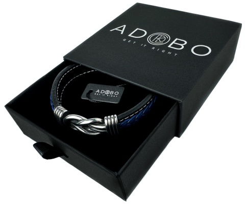 Niebieska bransoletka rzemykowa ze skóry ekologicznej i stali nierdzewnej, z ozdobnym stalowym węzłem