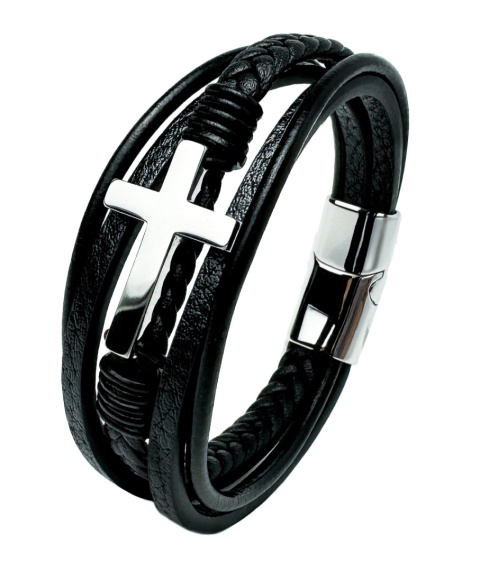 Czarna bransoletka rzemykowa ze skóry ekologicznej, z krzyżem ze stali nierdzewnej