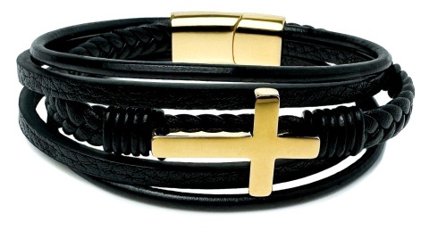 Czarna bransoletka rzemykowa ze skóry ekologicznej, z krzyżem ze stali nierdzewnej
