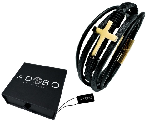 Czarna bransoletka rzemykowa ze skóry ekologicznej, z krzyżem ze stali nierdzewnej