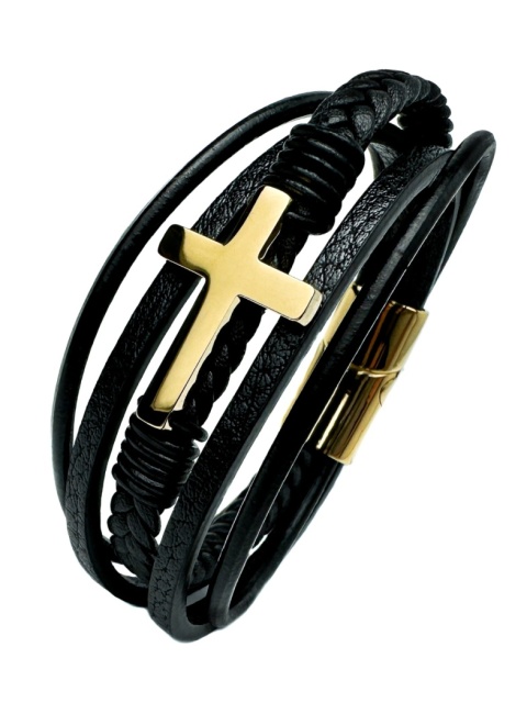Czarna bransoletka rzemykowa ze skóry ekologicznej, z krzyżem ze stali nierdzewnej