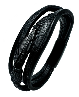 Czarna bransoletka rzemykowa ze skóry ekologicznej, z ptasim piórem ze stali nierdzewnej