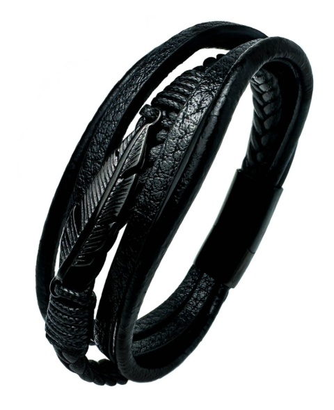 Czarna bransoletka rzemykowa ze skóry ekologicznej, z ptasim piórem ze stali nierdzewnej